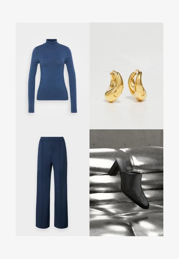Pull en col roulé bleu fabriqué en maille douce. Design ajusté avec des manches longues et un col et un ourlet côtelés. Texture lisse.; Pantalon bleu marine à jambe droite avec un devant plat, taille haute et des plis subtils courant le long de chaque jambe.; Mule en cuir noir avec talon bloc reposant sur une surface argentée brillante capitonnée, mettant en valeur son design élégant et ses détails incurvés.; Boucles d'oreilles en or en forme de d'anneaux lisses et courbés avec une finition polie. Équipées d'un mécanisme de fermeture et de légères indentations pour le détail.