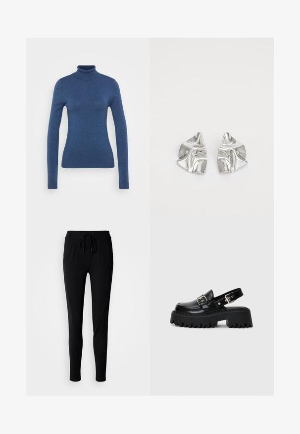 Pull en col roulé bleu fabriqué en maille douce. Design ajusté avec des manches longues et un col et un ourlet côtelés. Texture lisse.; Pantalon de jogging noir en tissu doux et extensible ; doté d'une taille à cordon, de plis et de jambes fuselées pour un look ajusté.; Sandales sur plateforme noires en cuir brillant, dotées d'une sangle à boucle et d'une semelle épaisse texturée avec des nervures prononcées.; Boucles d'oreilles en métal argenté avec un design ondulé et sculptural, présentant une finition polie et des formes irrégulières, mettant en valeur une esthétique contemporaine.