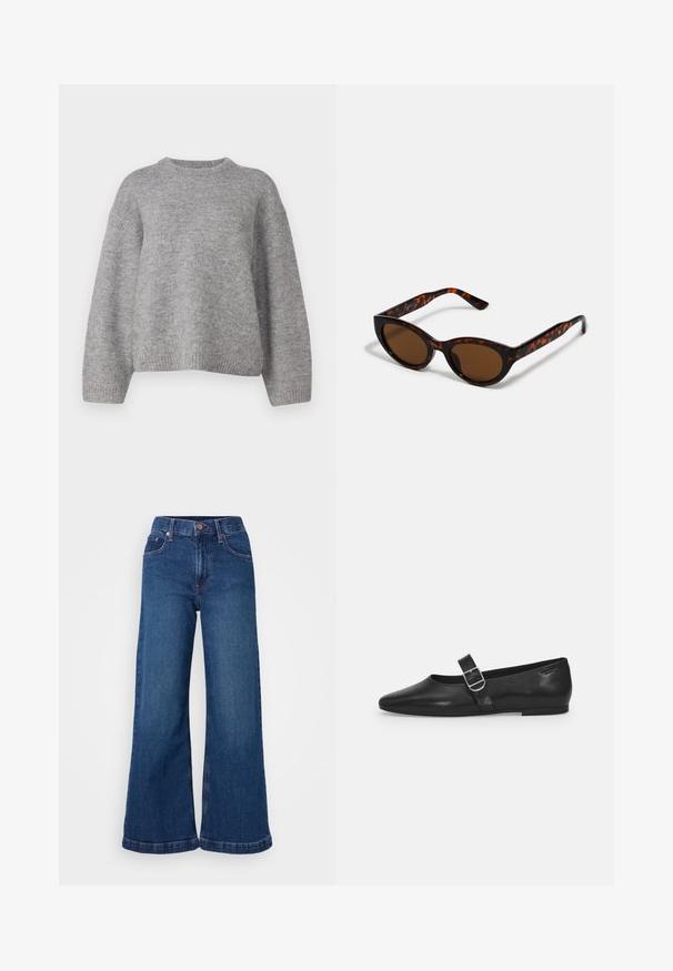 Gina Tricot CREW NECK - Pullover - mid grey; Jean en denim à jambes larges, de couleur bleu foncé, avec une taille haute, un design à cinq poches et des ourlets retroussés. Texture lisse avec des détails de couture discrets.; Chaussure plate en cuir noir avec un bout arrondi, une seule sangle réglable à boucle et une texture lisse et brillante. Design minimaliste avec un petit talon.; Lunettes de soleil en écaille de tortue marron avec une forme vintage de lunettes cat-eye et des verres marron. Présente des branches courbées avec des accents rouges.