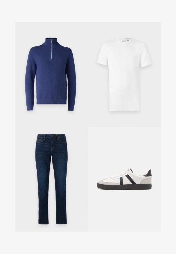 Marineblauwe trui met hoge kraag en halve ritssluiting, voorzien van een gestructureerd breipatroon en ribgebreide manchetten en zoom.; Effen wit T-shirt met korte mouwen en een ronde hals, met een klein merklintje aan de binnenkant van de kraag, weergegeven op een witte achtergrond.; Donkerblauwe denim jeans met een slim fit, standaard vijf-pocket ontwerp en een knoop- en ritssluiting. Gladde textuur met minimale vervaging.; Witte sneaker met zwarte en grijze accenten, voorzien van een grijze neus met textuur, zwarte rubberen zool en platte witte veters. Schoon ontwerp, minimalistische stijl.