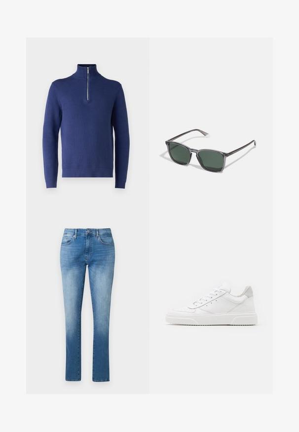 Marineblauwe trui met hoge kraag en halve ritssluiting, voorzien van een gestructureerd breipatroon en ribgebreide manchetten en zoom.; Blauwe jeans met rechte pijpen, mid-rise taille, knoop- en ritssluiting en klassiek ontwerp met vijf zakken.; Witte leren sneakers met een gladde afwerking, ronde neus, platte veters en een gestructureerde zool. Grijze suède accent bij de hiel.; Polaroid Zonnebril - grey