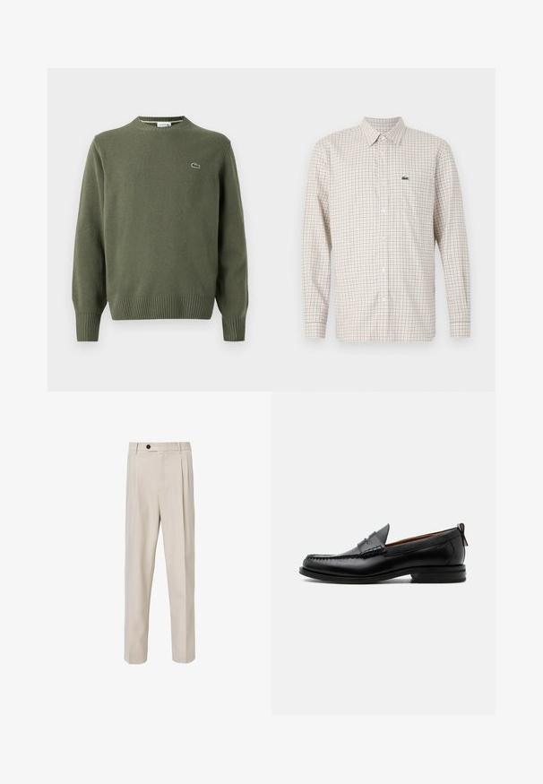 Oliven grøn strikket sweater med rund halsudskæring, ribbede manchetter og kant, samt et lille broderet logo på venstre bryst.; Langærmet beige skjorte med rødt og blåt ternet mønster, knappet foran, krave og grøn krokodillelogo på venstre bryst.; Beige skræddersyede bukser med lige ben-design, der har frontplisseringer, knaplukning og en glat tekstur.; Sort læder herre loafer med moc-tå syning, penny strop, struktureret krave og lav stablet hæl på hvid baggrund.