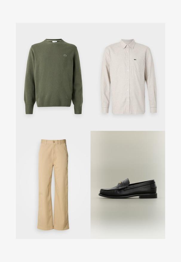 Pull en tricot vert olive avec un col rond, des poignets et un ourlet côtelés, et un petit logo brodé sur la poitrine gauche.; Chemise beige à manches longues avec motif quadrillé rouge et bleu, fermée par des boutons à l'avant, col et logo crocodile vert sur la poitrine gauche.; Pantalon large beige en mélange coton. Fermeture par bouton et passants de ceinture. Texture lisse, avec des détails de couture minimaux.; Mocassin noir en cuir à enfiler avec petit talon, boucle dorée et nom de marque embossé sur le côté sur fond neutre.