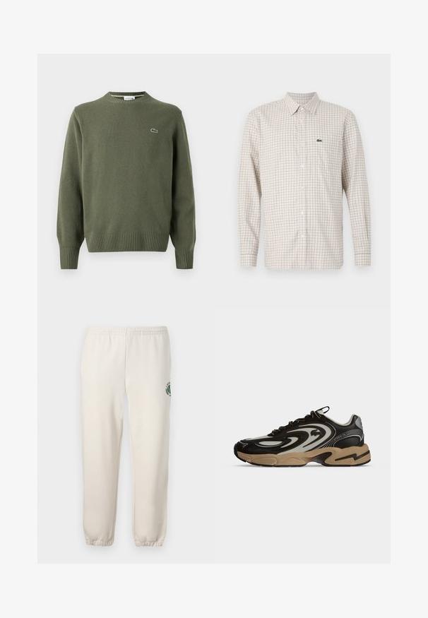 Oliven grøn strikket sweater med rund halsudskæring, ribbede manchetter og kant, samt et lille broderet logo på venstre bryst.; Langærmet beige skjorte med rødt og blåt ternet mønster, knappet foran, krave og grøn krokodillelogo på venstre bryst.; Lys beige sweatpants lavet af bomuld, med elastisk talje, ribbede mansjetter og et grønt logo med bladdesign på venstre ben.; Sort og beige sneaker med bølgemønstre, snørelukning og tyk sål på en ensfarvet lys baggrund.