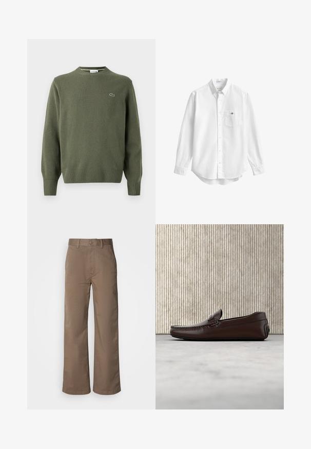 Oliven grøn strikket sweater med rund halsudskæring, ribbede manchetter og kant, samt et lille broderet logo på venstre bryst.; Hvid langærmet skjorte med krave og brystlomme med et lille broderet logo.; Beige brede benbukser lavet af blød bomuldsblanding, med knaplukning, bæltestropper og uden synlige mønstre. Glat tekstur.; Brune lædersandaler med en glat overflade, mokkasin-lignende syninger, hævet tå og en lav, fleksibel gummisål.