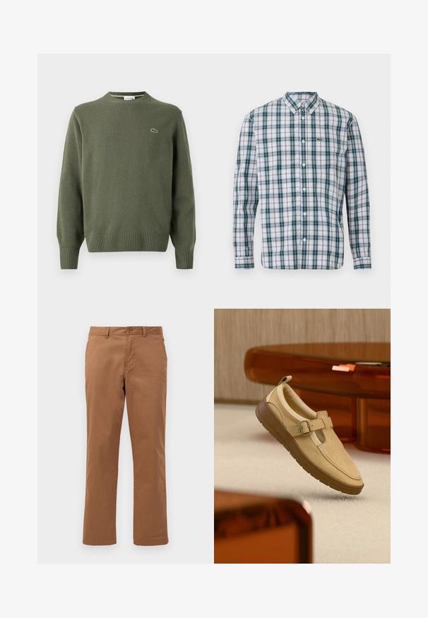 Suéter de punto verde oliva con cuello redondo, puños y dobladillo acanalados, y un pequeño logo bordado en el lado izquierdo del pecho.; Camisa de manga larga con botones, en un patrón de cuadros verdes, azules y blancos; presenta un cuello con solapa y un logo de Lacoste en el pecho.; Pantalones de algodón marrones con un diseño de pierna recta, que cuentan con un cierre de botón y bolsillos frontales. Textura suave y acabado limpio.; Zapato beige de cuero sin cordones con correa de hebilla y suela de goma marrón, posicionado en el aire sobre un suelo alfombrado claro y cerca de un mueble translúcido ámbar.