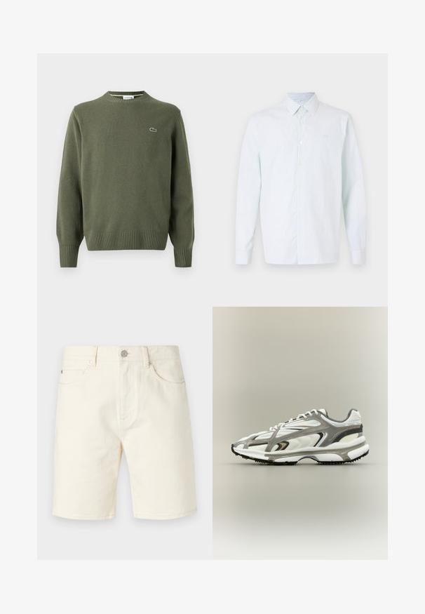 Suéter de punto verde oliva con cuello redondo, puños y dobladillo acanalados, y un pequeño logo bordado en el lado izquierdo del pecho.; Camisa de rayas azul claro y blanca de manga larga, con botones en la parte delantera, cuello puntiagudo, tela suave, que presenta un pequeño logo en el pecho.; Pantalones cortos de mezclilla en color beige claro con un corte clásico, que presentan bolsillos frontales, trabillas para el cinturón y cierre de botón. Textura suave con un color sólido.; Zapatilla deportiva con una parte superior de malla blanca, acentos grises, suela de goma negra y un diseño aerodinámico. Presenta cordones y detalles texturizados.