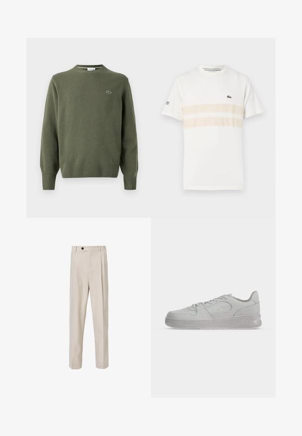 Suéter de punto verde oliva con cuello redondo, puños y dobladillo acanalados, y un pequeño logo bordado en el lado izquierdo del pecho.; Camiseta de algodón blanca con dos franjas horizontales beige, pequeño logo bordado en el pecho y cuello redondo. Mangas cortas.; Pantalones beige tailorizados con un diseño de pierna recta, que presentan pliegues en la parte frontal, un cierre de botón y una textura de tela lisa.; Zapatilla blanca de corte bajo Lacoste con cordones, logo en relieve en el lateral y suela texturizada sobre un fondo liso.