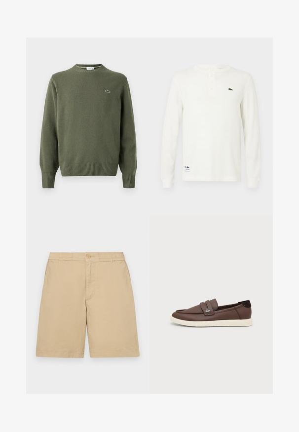 Pull en tricot vert olive avec un col rond, des poignets et un ourlet côtelés, et un petit logo brodé sur la poitrine gauche.; Chemise henley blanche à manches longues en tissu côtelé texturé, dotée d'un plastron à trois boutons et d'un logo crocodile brodé vert sur la poitrine.; Shorts en coton beige avec une coupe régulière, taille élastique, fermetures à boutons et poches latérales. Texture lisse, design à mi-cuisses.; Mocassin en cuir marron avec semelle en caoutchouc blanche, design slip-on et petit logo crocodile métallique sur la lanière latérale.