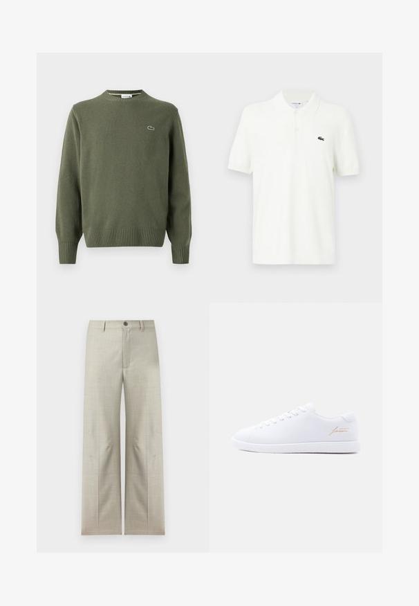 Pull en tricot vert olive avec un col rond, des poignets et un ourlet côtelés, et un petit logo brodé sur la poitrine gauche.; Polo-shirt blanc en coton lisse avec un col classique, patte de boutonnage à trois boutons et un petit logo crocodile vert sur la poitrine.; Pantalon formel beige clair à jambes droites, fermeture avec bouton et fermeture éclair, passants pour ceinture, présenté sur un fond blanc.; Baskets basses blanches avec lacets blancs, semelle texturée, et inscription "lacoste" dorée sur le côté sur un fond neutre.