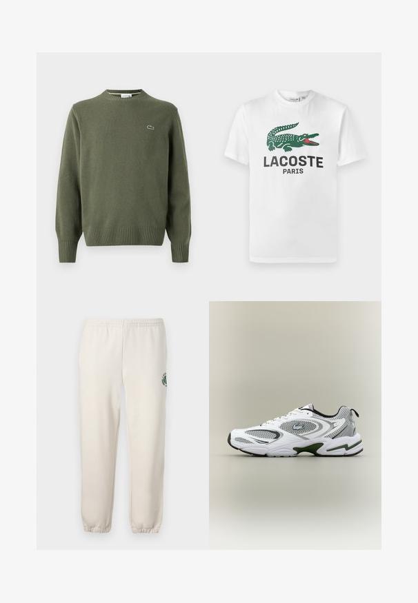 Olive rohelise värvi lihtne kudum, millel on ümmargune kaelus, soonikkoes randmed ja alus, ning vasakul rinnal väike broderi logo.; Lacoste Trükipildiga T-särk - white; Heledadbežased püksid, mis on valmistatud puuvillast, varustatud elastse vöökohtaga, soonikute lõpetustega ja vasakul jalal on roheline logo lehe kujundusega.; Valge ja hall sportlik jooksujalats, millel on võrgupaneelid, rohelised aktsendid, mustad detailid ja küljes logo, nähtuna välisküljelt.