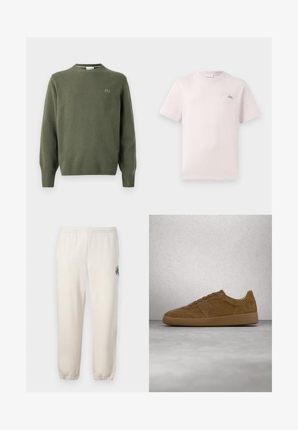 Olijfgroene gebreide trui met een ronde hals, geribde manchetten en zoom, met een klein geborduurd logo op de linkerborst.; Lichtroze katoenen t-shirt met een ronde hals, korte mouwen en een geborduurd Lacoste-logo in het groen op de borst. Zachte textuur.; Lichtbeige sweatpants van katoen, met een elastische tailleband, geribde boorden en een groen logo met een bladerenontwerp op het linkerpand.; Bruine suède sneaker met beige veters en rubberen zool. Heeft een afgeronde neus en gestikte details op het bovenwerk. Lichtgewicht ontwerp.