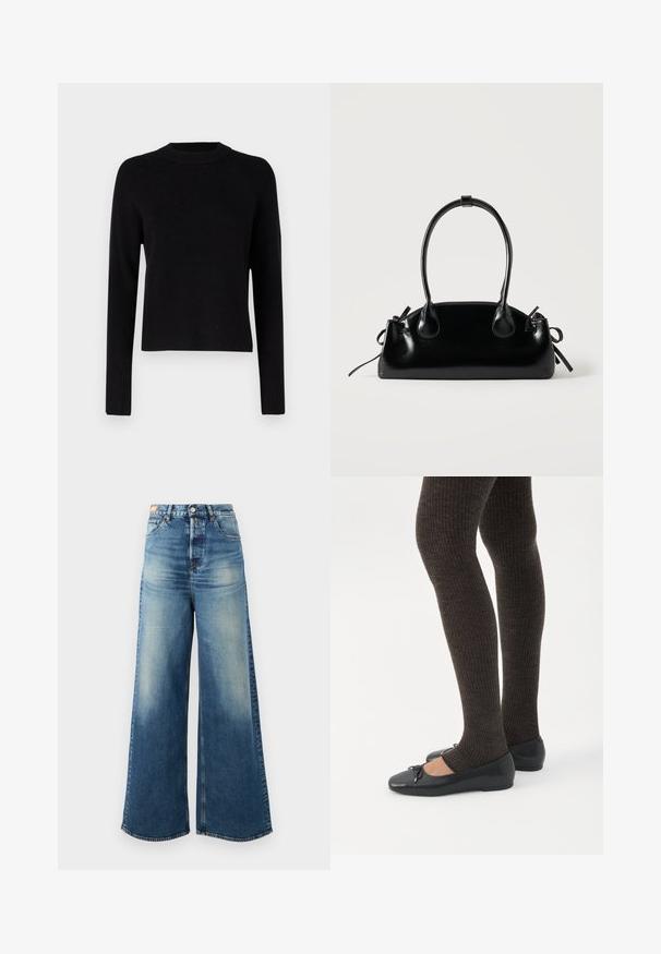 Pull en maille côtelée noire avec un col rond et des manches longues. Il présente une coupe légèrement raccourcie et un tissu texturé, offrant un ajustement confortable.; Jean en denim bleu à jambes larges avec une finition décolorée, taille haute et design classique à cinq poches. Équipés de quincaillerie en cuivre et de bords effilochés.; Jambes portant des leggings côtelés foncés associés à des ballerines noires avec de petits détails en nœud sur fond blanc.; Petit sac à main noir brillant avec deux longues anses et des détails à cordon sur les côtés sur un fond clair uni.