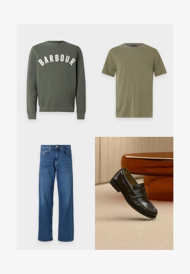 Barbour PREP LOGO CREW NECK - Sweatshirt - thyme; T-shirt en coton vert olive avec un col rond, des manches courtes et un petit logo sur la poitrine gauche. Texture lisse, coupe régulière.; Jean droit en denim bleu avec fermeture à bouton et à glissière, cinq poches et un petit logo sur la poche avant.; Mocassin en cuir noir brillant avec un détail de bride, posé sur un tapis beige près d'une table basse ronde en bois brun dans une pièce doucement éclairée.