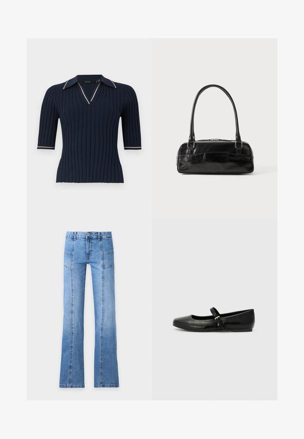 Haut à manches courtes en maille côtelée bleu marine avec un col en V et un col orné d’une bordure blanche sur les bords du col et des poignets.; Jean en denim bleu clair avec taille haute, bouton devant, fermeture éclair, détails de coutures et jambes légèrement évasées sur un fond uni.; Ballerines en cuir noir avec un bout arrondi, une semelle plate et une fine sangle ajustable sur le cou-de-pied avec une boucle en métal.; Sac à main en cuir noir de forme rectangulaire, doté d'une seule ansse structurée, de quincaillerie argentée et d'une fermeture éclair. Texture lisse.