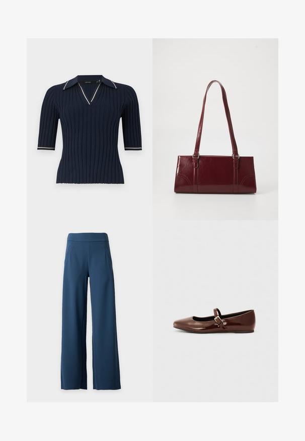 Haut à manches courtes en maille côtelée bleu marine avec un col en V et un col orné d’une bordure blanche sur les bords du col et des poignets.; Pantalon bleu marine à jambes larges, taille haute et poches en biais, présenté sur un fond uni gris clair.; Ballerine en cuir verni marron avec un bout carré et une lanière ornée d'une petite boucle dorée. Texture lisse, talon bas et design minimaliste.; Sac à main bordeaux en matériau brillant, de forme rectangulaire, avec deux anses et des accents légèrement courbés à l'avant.