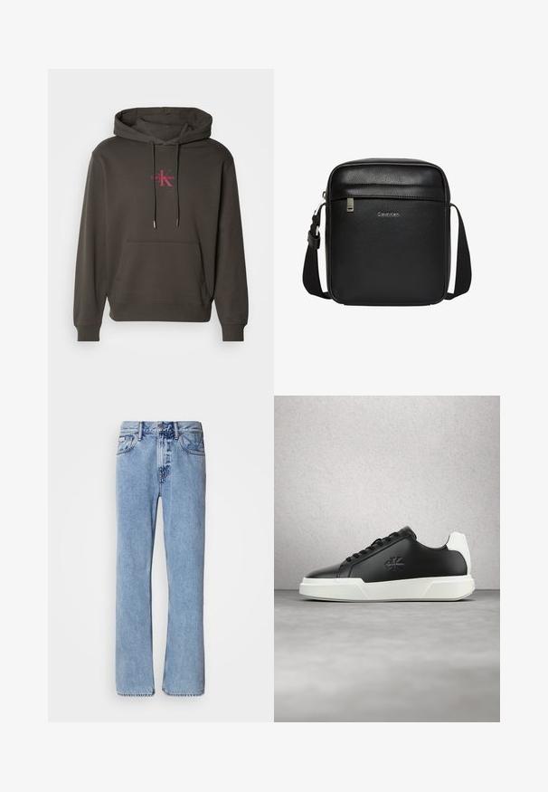 Donkergrijze hoodie met een voorzak, een trekkoordcapuchon en het Calvin Klein-logo in het roze op de borst. Zacht katoenen materiaal.; Lichtblauwe denim jeans met een recht ontwerp, vijf zakken en een knoopsluiting. Stikdetails nabij de zakken en de tailleband.; Zwarte leren sneaker met ronde neus, witte rubberen zool en zwarte veters. Voorzien van een logo aan de zijkant en een contrasterend wit hielaccent.; Zwarte Calvin Klein crossbodytas met verstelbare riem, voorvak met ritssluiting en subtiel logo op een getextureerd leren oppervlak.