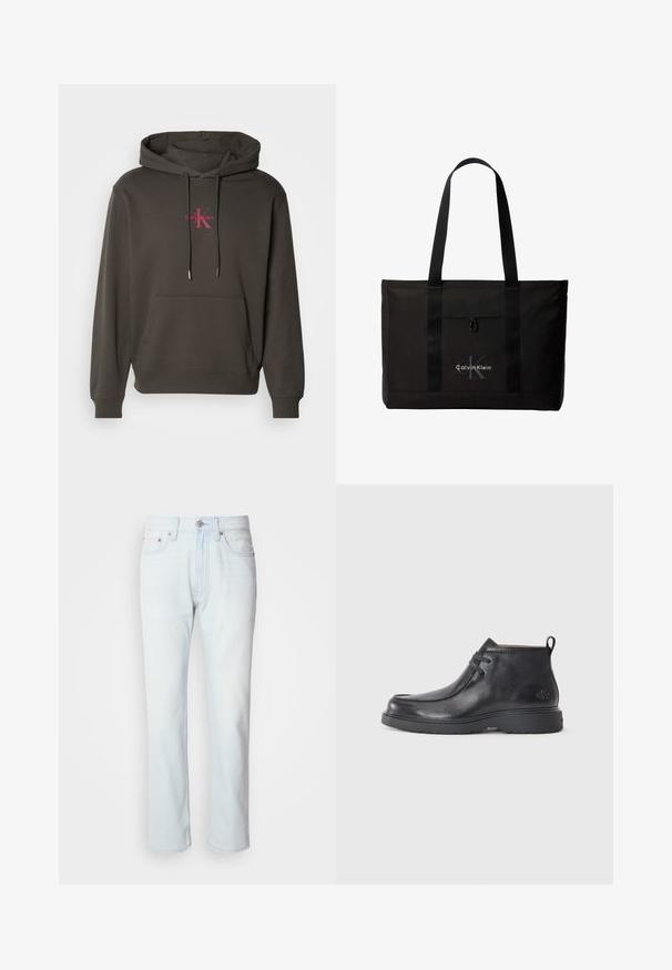 Sudadera con capucha de color gris oscuro, con un bolsillo frontal, capucha con cordón y logo de Calvin Klein en color rosa en el pecho. Material de algodón suave.; Jeans de mezclilla azul claro con corte recto. Cuentan con un cierre de botón y pasadores para cinturón, mostrando una textura desgastada y costuras mínimas.; Botas de cuero negras hasta el tobillo con punta redondeada, diseño con cordones y una lengüeta en la parte trasera. Parte superior texturizada y suela de goma.; Bolso tote negro de Calvin Klein con dos asas largas y bolsillo delantero, con el logo de la marca en blanco y gris.