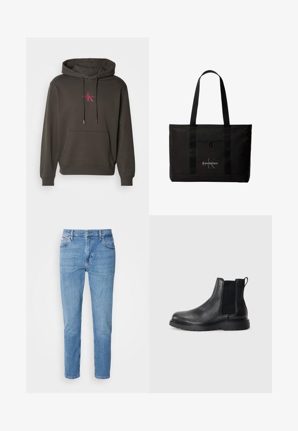 Donkergrijze hoodie met een voorzak, een trekkoordcapuchon en het Calvin Klein-logo in het roze op de borst. Zacht katoenen materiaal.; Lichtblauwe denim jeans met een rechte pasvorm, vijf zakken en subtiele vervaging. Voorzien van een knoopsluiting en riemlussen.; Zwarte leren Chelsea boots met een gestructureerde afwerking, elastische zijpanelen en een stevige rubberen zool. Subtiele branding op de hiel.; Zwarte Calvin Klein totebag met twee lange handvatten en een voorvak, met het logo van het merk in wit en grijs.