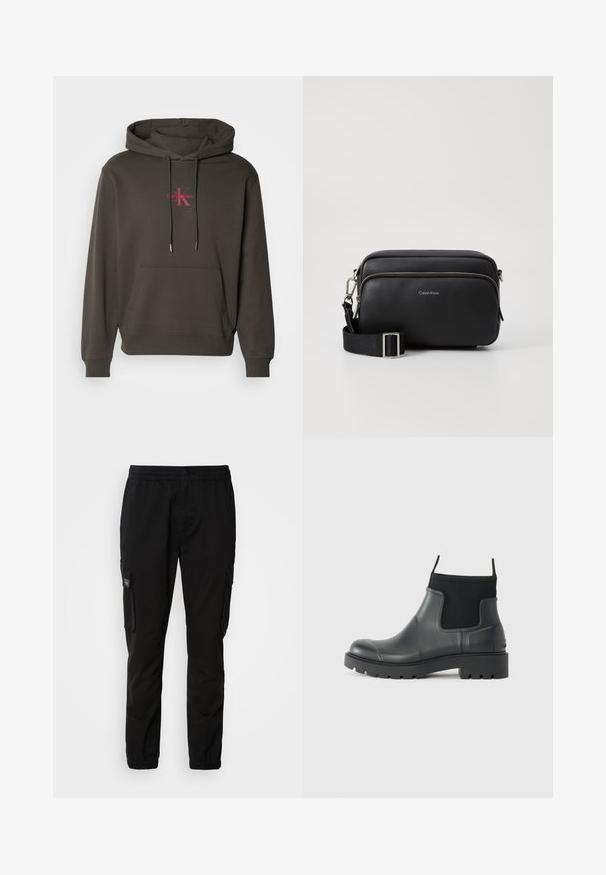 Donkergrijze hoodie met een voorzak, een trekkoordcapuchon en het Calvin Klein-logo in het roze op de borst. Zacht katoenen materiaal.; Zwarte cargobroek met elastische tailleband, knoopsluiting, twee zijzakken en twee cargozakken. Gladde stof met een relaxte pasvorm.; Zwarte enkelboots van rubber met een matte afwerking, voorzien van een slank ontwerp, elastische panelen en een chunky zool voor grip.; Zwarte leren schoudertas met twee ritscompartimenten, gestructureerd afwerking, verstelbare schouderband en zilveren hardware-accenten. Calvin Klein-logo zichtbaar.