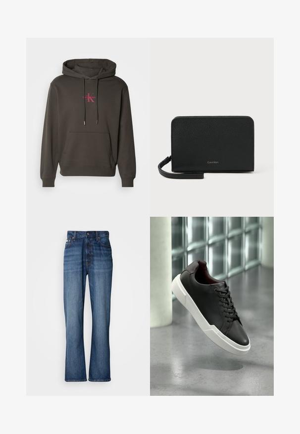 Sudadera con capucha de color gris oscuro, con un bolsillo frontal, capucha con cordón y logo de Calvin Klein en color rosa en el pecho. Material de algodón suave.; Jeans de mezclilla azul con cintura alta, piernas acampanadas, diseño de cinco bolsillos y costuras tonales. Cuenta con cierre de botón y bolsillos remachados.; Zapatilla de cuero negra con suela blanca gruesa, cordones negros, flotando sobre un suelo de concreto gris cerca de una pared de bloques de vidrio.; Cartera de cuero negro con superficie texturizada, con forma rectangular, cierre con cremallera y una pequeña correa para la muñeca. Logo en relieve en la parte frontal.