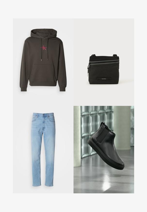 Donkergrijze hoodie met een voorzak, een trekkoordcapuchon en het Calvin Klein-logo in het roze op de borst. Zacht katoenen materiaal.; Lichtblauwe denim jeans met een rechte pasvorm, vijf zakken en riemlussen. De stof heeft een gladde textuur met een lichte vervaging.; Zwart leren enkellaars met elastische zijpanelen zwevend boven een gepolijste betonnen vloer en glazen blokken op de achtergrond.; Zwart en grijs Calvin Klein schoudertasje met ruitpatroon, voorzak met ritssluiting en verstelbare riem op een witte achtergrond.