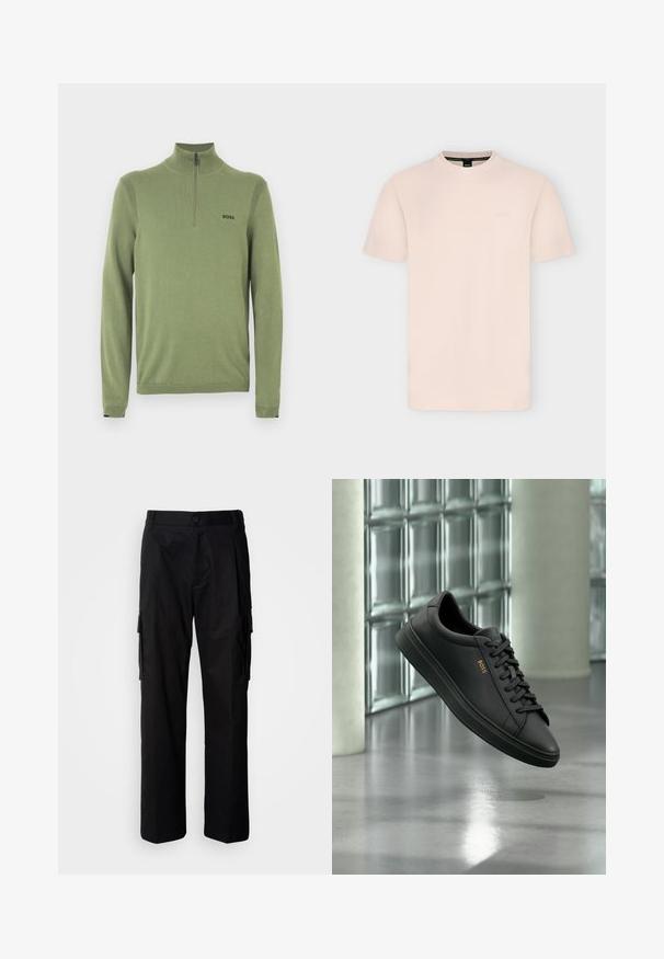 Pull-over vert à col montant avec fermeture éclair à mi-longueur. Présente des accents côtelés sur les épaules et un logo noir "BOSS" sur la poitrine.; T-shirt beige clair à manches courtes et col rond avec un logo embossé subtil sur la poitrine et une étiquette noire à l'intérieur du col.; Pantalon cargo noir à coupe décontractée, avec poches latérales, fermeture par bouton, et tissu léger et lisse.; Baskets basses en cuir noir avec lacets noirs et logo BOSS doré sur le côté, flottant au-dessus d’un sol gris brillant dans un espace intérieur moderne.