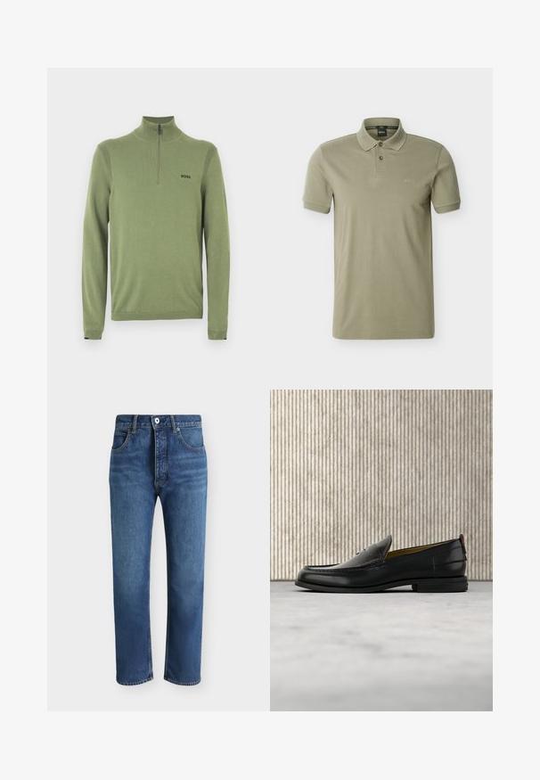 Pull-over vert à col montant avec fermeture éclair à mi-longueur. Présente des accents côtelés sur les épaules et un logo noir "BOSS" sur la poitrine.; Polo pour homme vert olive à manches courtes avec patte à deux boutons et logo "BOSS" brodé sur la poitrine.; Jean en denim bleu coupe droite avec fermeture avant par bouton et zip, poches avant et passants de ceinture sur un fond uni.; Mocassin pour homme en cuir noir avec un dessus embossé effet croco et un petit talon, présenté de profil sur un fond neutre.