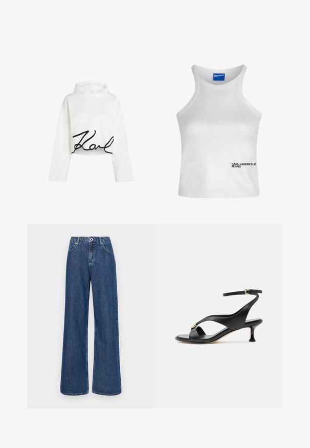 Hvid cropped hoodie i blødt stof med lange ærmer og et sort skriftlogo på forsiden. Glat tekstur med en afslappet pasform.; Hvid ærmeløs crop top med høj hals og "Karl Lagerfeld Jeans" logo nederst til højre foran.; Bredde blå denim jeans med høj talje, udstyret med forlommer og en enkelt knaplukning. Tekstureret stof med synlige sømme.; Sort lædersandal til kvinder med buet lav hæl, krydssøm og justerbar ankelrem med lille guldlås.