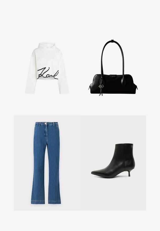 Hvid cropped hoodie i blødt stof med lange ærmer og et sort skriftlogo på forsiden. Glat tekstur med en afslappet pasform.; Højtsiddende flared jeans lavet af middelblåt denim, med knaplukning, forlommer og synlig syning langs kanten.; Sort læder ankelstøvle med spids tå og lav kitten hæl på lys baggrund, der viser yderside.; Sort lædertaske fra Calvin Klein med lange håndtag, en forside-logo-tag og en sølv geometrisk vedhæng, der hænger fra det ene håndtag.