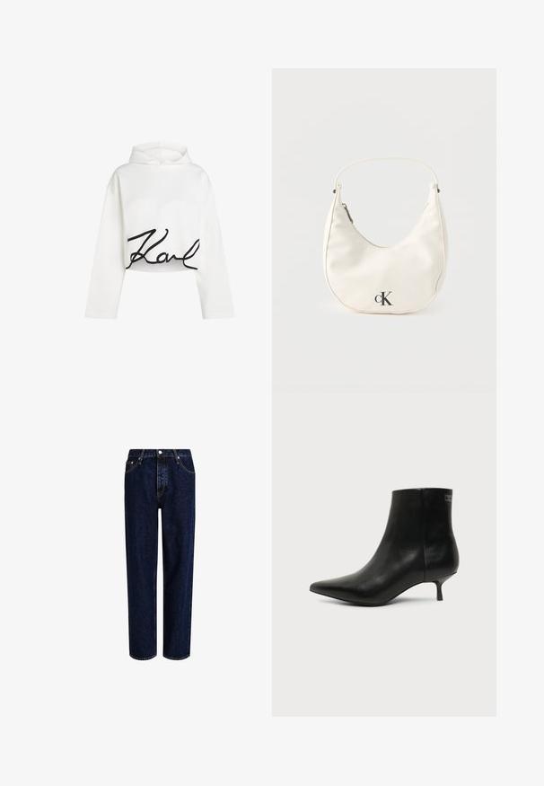 Hvid cropped hoodie i blødt stof med lange ærmer og et sort skriftlogo på forsiden. Glat tekstur med en afslappet pasform.; Mørkeblå denim jeans med lige ben-design, der har høj talje, fem-lomme-stil og kontrastsyninger. Ingen dekorationer.; Sort læder ankelstøvle med spids tå og lav kitten hæl på lys baggrund, der viser yderside.; Lille hvid halvmåneformet håndtaske med kort rem, lynlås og sort "cK"-logo foran.