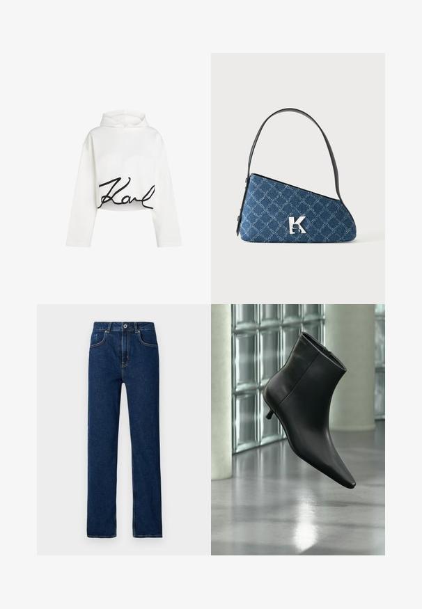 Hvid cropped hoodie i blødt stof med lange ærmer og et sort skriftlogo på forsiden. Glat tekstur med en afslappet pasform.; Mørkeblå denim jeans med lige ben, fem-lomme design, synlig stikning og en metalknaplukning i taljen.; Sort læderankelstøvle med spids tå og lav kitten-hæ, vist vinklet mod en poleret gulv- og glasblokvæg.; Blå quiltet denim skuldertaske med sort strop og sølv "K" logo foran, vist på en ensfarvet hvid baggrund.