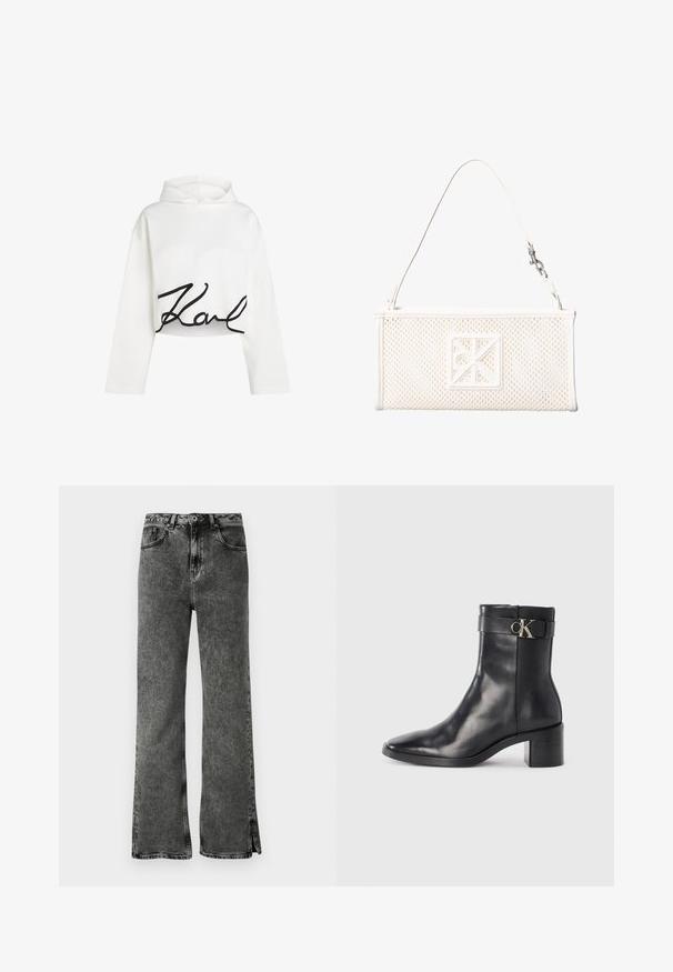 Hvid cropped hoodie i blødt stof med lange ærmer og et sort skriftlogo på forsiden. Glat tekstur med en afslappet pasform.; Sorte flare jeans med en falmet vask, høj talje og sideskår ved kanten. Lavet af denim med en glat tekstur og klassisk fem-lomme design.; Sort læder ankelstøvle med spids tå, blokhæl og en rem med en metallisk logo detalje. Glat tekstur og minimalistisk design.; Hvid rektangulær mesh-håndtaske med en enkelt rem og et kvadratisk dekorativt emblem foran.