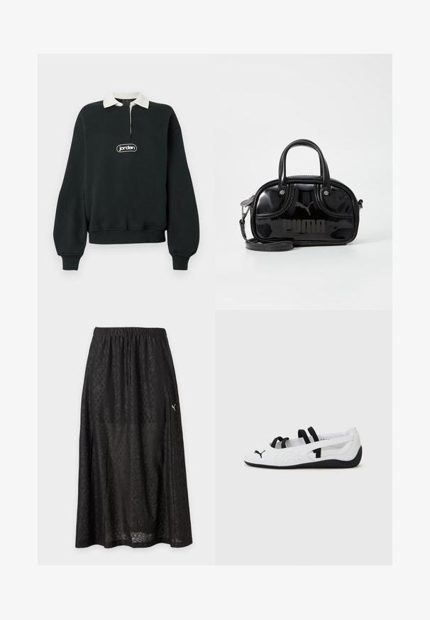 Sweat-shirt noir à manches longues, col blanc, fermeture éclair quart de devant, et un patch logo central. Tissu doux avec poignets et ourlet côtelés.; Longue jupe noire avec motifs jacquard floraux et géométriques subtils, taille élastique avec cordon et petit logo blanc Puma sur le côté.; Baskets de sport blanches avec des accents noirs, présentant un bout arrondi, des brides élastiques et une semelle en caoutchouc texturée. Logo Puma à l'avant.; Sac à main en cuir verni noir avec des poignées supérieures doubles, une bandoulière amovible, une forme arrondie et un logo "PUMA" en relief bien visible.