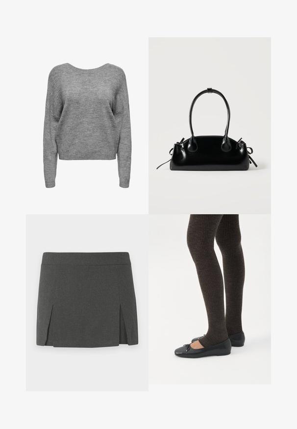 Blød grå strikket sweater med lange ærmer, rund halsudskæring og ribbede manchetter og kant, vist forfra på en hvid baggrund.; Grå mini nederdel med en glat tekstur, der har en flad talje og to forsidige slids for ekstra detalje. Casual design.; Ben iført mørke ribbede leggings kombineret med sorte balletsko med små sløjfedetaljer på hvid baggrund.; Lille sort blank håndtaske med to lange håndtag og snøre-detaljer i siden på en ensfarvet lys baggrund.