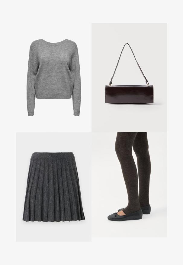 Pull en maille gris doux avec manches longues, encolure ronde, et poignets et ourlet côtelés, présenté de face sur un fond blanc.; Vero Moda Knitted VMMARINA Short - Minijupe - dark grey; Jambes portant des leggings côtelés foncés associés à des ballerines noires avec de petits détails en nœud sur fond blanc.; Sac à main rectangulaire en cuir noir avec une longue bandoulière unique et une finition brillante, présenté sur un fond blanc uni.