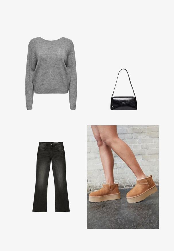 Blød grå strikket sweater med lange ærmer, rund halsudskæring og ribbede manchetter og kant, vist forfra på en hvid baggrund.; Sorte falmede jeans med lige ben, fem lommer, knaplukning foran og lynlås, vist på hvid baggrund.; Brune ruskinds ankelsko med en blød foring, tyk beige plattformsål og en bageste løkke. Tekstureret overflade med synlige sømdetaljer.; Sort skuldertaske i læder med en topklap og en sølvfarvet, rektangulær lås, med en tynd justerbar rem.
