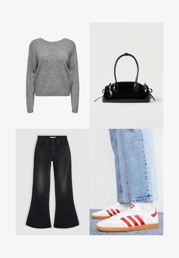 Pull en maille gris doux avec manches longues, encolure ronde, et poignets et ourlet côtelés, présenté de face sur un fond blanc.; Jean noir à jambes larges avec poches avant, passants de ceinture et ombrage estompé sur les cuisses et les genoux, posé à plat sur un fond clair.; Baskets en cuir blanc avec des rayures et des accents rouges. Dotées d'une semelle extérieure en gomme texturée et d'un col rembourré. Portées avec un jean en denim bleu clair.; Petit sac à main noir brillant avec deux longues anses et des détails à cordon sur les côtés sur un fond clair uni.