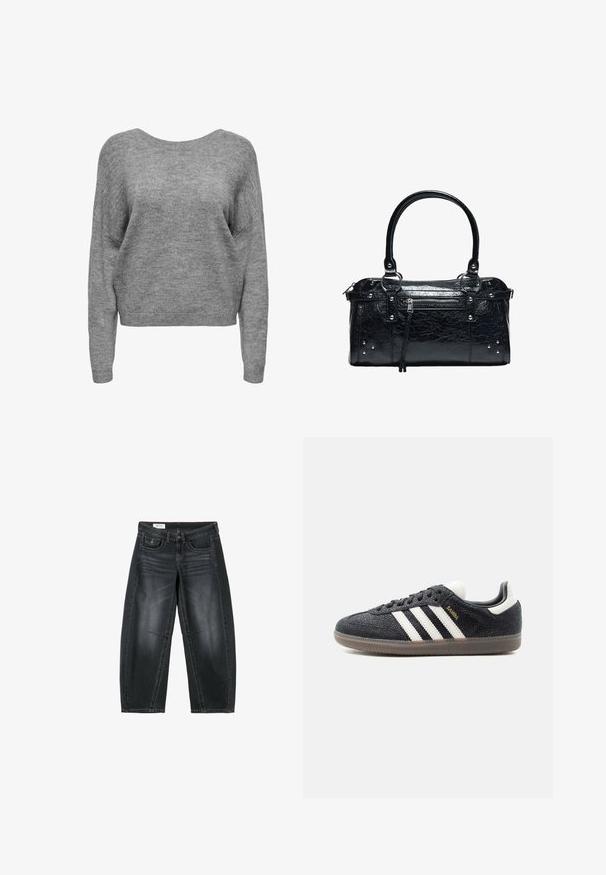 Pull en maille gris doux avec manches longues, encolure ronde, et poignets et ourlet côtelés, présenté de face sur un fond blanc.; Jean large court noir avec poches avant, fermeture par boutons et détails décolorés subtils au niveau des cuisses et des genoux.; Baskets Adidas Samba noires avec des bandes blanches, semelle en gomme et texte doré "Samba" sur le côté, vues de profil gauche sur fond uni.; Sac à main en cuir noir avec deux anses, poche avant zippée avec pampille, et petits clous argentés aux coins.