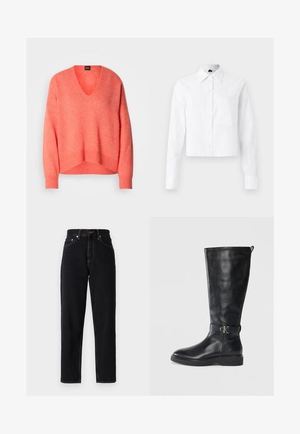 Pull coral en V fabriqué dans un matériau doux ; présente des épaules tombantes, des poignets côtelés, et des détails subtils le long de l'ourlet.; Chemise courte blanche à boutons avec des rayures verticales bleu clair, manches longues, poche poitrine unique et col classique. Tissu en mélange de coton.; Jeans en denim noir avec une coupe droite, taille haute et coutures contrastantes. Comprend cinq poches et une fermeture à glissière.; Botte noire en cuir montante jusqu'au genou avec un petit talon, bout rond et une sangle à boucle métallique avec le logo "CK" autour de la cheville.