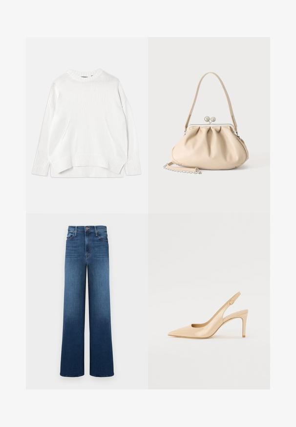 Hvid strikket sweater med rund hals, lange ærmer og sidespalter. Har et diskret præget logo på forsiden og rib-strikkede mansjetter.; Bredde jeans i en gradient blå vask med høj talje, fem lommer og kontrasterende syninger for ekstra detaljer.; Nude patenteret læder slingback hæl med spidse tæer, åben vamp og en tynd stiletto hæl. Har et cirkulært guldfarvet element på remmen.; Beige blød læderhåndtaske med en sølv metalramme-lukning, enkelt skulderstrop og en valgfri kæderem på en hvid baggrund.