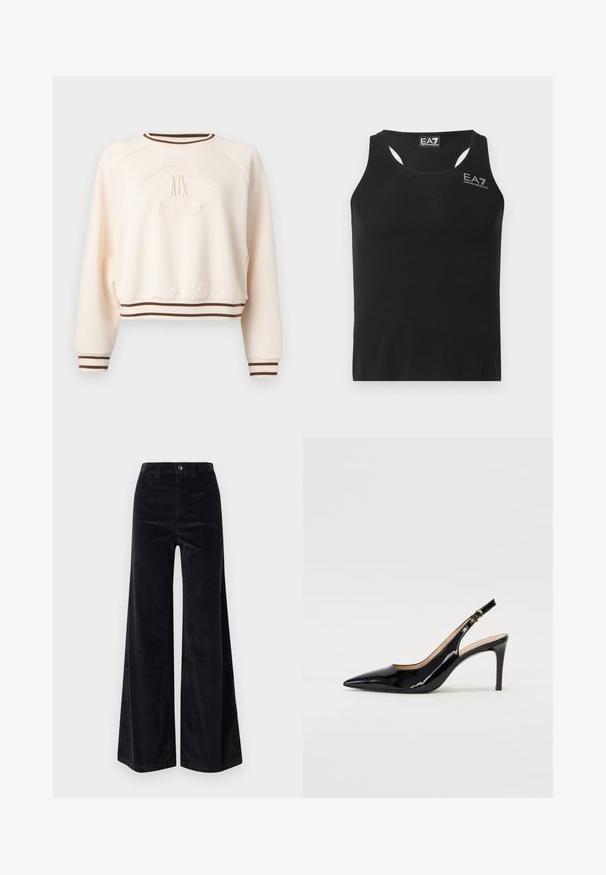 Sweat-shirt crème à manches longues avec poignets et ourlet rayés marron, embossé du logo "Giorgio Sports Club" et "A|X" sur le devant.; Débardeur noir sans manches avec dos nageur et logo blanc EA7 Emporio Armani sur la poitrine ainsi qu'une étiquette à l'intérieur du col.; Pantalons larges en velours côtelé noir avec taille haute, fermeture à bouton et poches avant. Texture lisse avec un motif en ribbing vertical.; Pompe slingback en cuir verni noir avec un bout pointu, un talon fin et un design de découpes subtil. Elle dispose d'une boucle dorée sur la sangle.