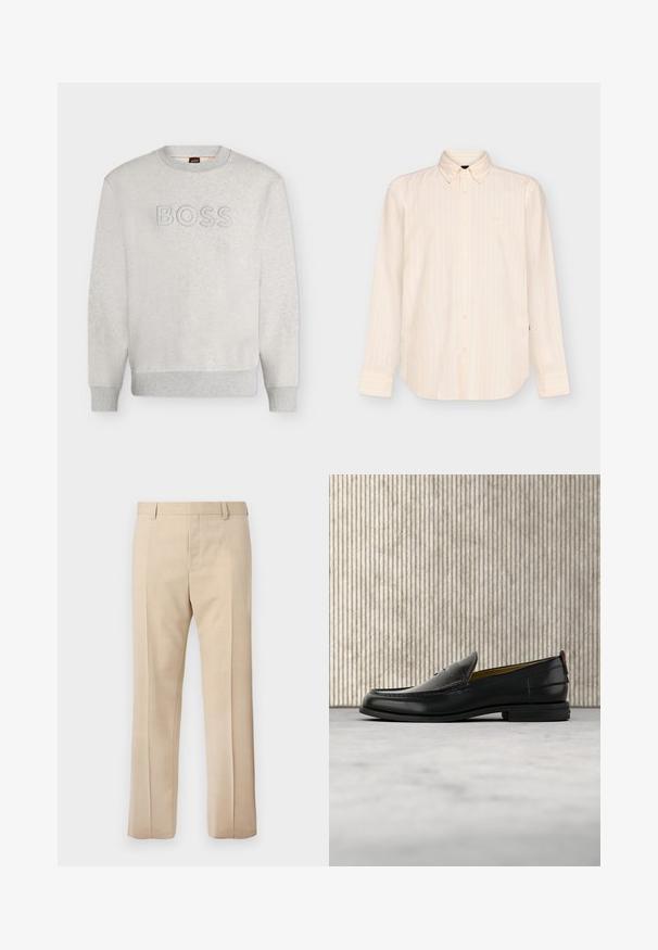 Sweat-shirt gris clair à col rond avec poignets et ourlet côtelés, comportant un texte "BOSS" embossé sur la poitrine.; Chemise beige à manches longues boutonnée avec des rayures verticales subtiles et un col classique, présentée sur un fond clair uni.; Pantalon beige sur mesure avec passants pour ceinture, pli devant et fermeture éclair dissimulée, présenté sur un fond uni.; Mocassin pour homme en cuir noir avec un dessus embossé effet croco et un petit talon, présenté de profil sur un fond neutre.