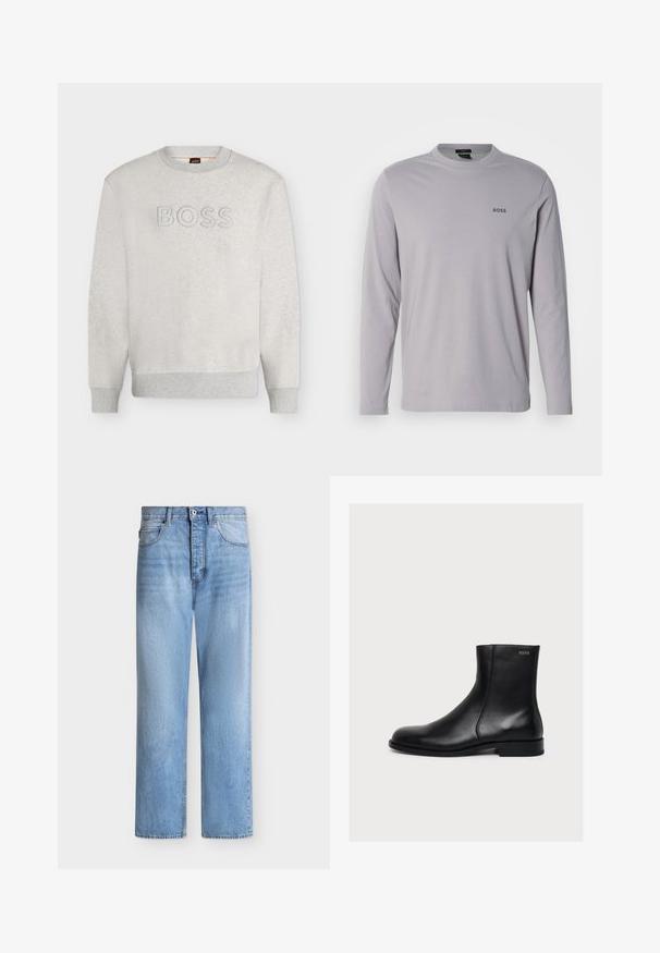 Sweat-shirt gris clair à col rond avec poignets et ourlet côtelés, comportant un texte "BOSS" embossé sur la poitrine.; T-shirt à manches longues en coton gris clair, avec un col rond et un petit logo noir "BOSS" sur la poitrine gauche.; Jean droit en denim bleu clair avec fermeture par bouton et zip, poches avant et arrière, et passants de ceinture à la taille.; Bottine noire en cuir lisse avec petit talon et fermeture éclair latérale, étiquetée Hugo près du bord supérieur.