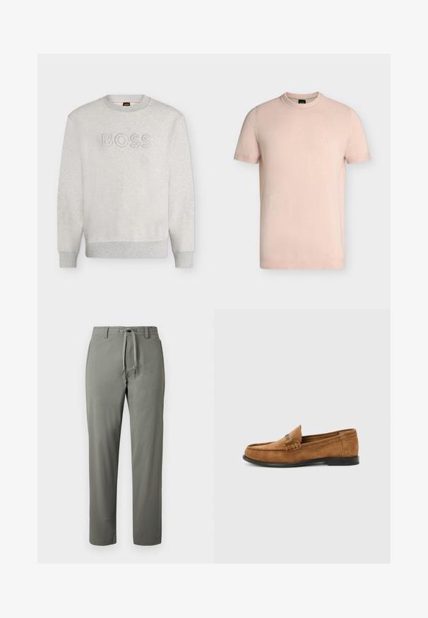 Sweat-shirt gris clair à col rond avec poignets et ourlet côtelés, comportant un texte "BOSS" embossé sur la poitrine.; T-shirt rose clair à manches courtes et col rond avec logo "BOSS" brodé sur la poitrine gauche.; Pantalon droit pour hommes de couleur vert olive avec taille à cordon et passants pour ceinture, présenté sur un fond uni.; Mocassin pour homme en daim marron avec détail tressé sur le dessus et semelle noire, présenté de profil sur un fond uni gris clair.
