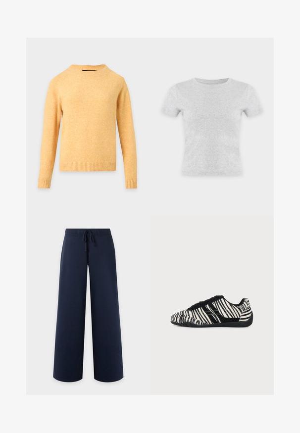 Pull tricoté jaune à manches longues avec col rond, poignets et ourlet côtelés sur fond gris clair.; T-shirt uni gris clair à manches courtes et col rond, présenté sur un fond blanc neutre. Aucun logo ou motif visible.; Pantalon bleu marine à jambe large, taille élastique et cordon, vu de face sur fond uni clair.; Baskets à lacets noires et blanches avec motif rayures zèbre et semelle noire texturée sur un fond clair uni.