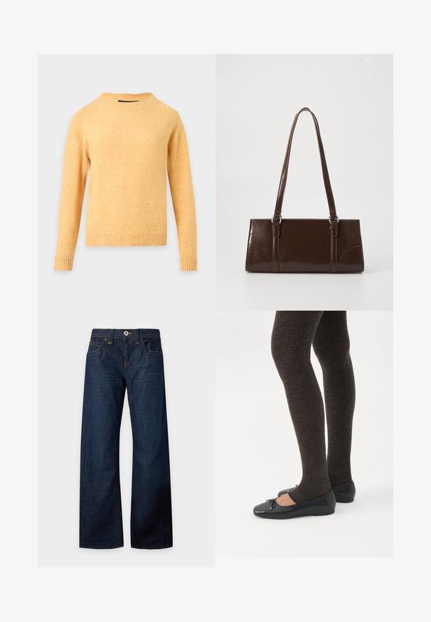 Pull tricoté jaune à manches longues avec col rond, poignets et ourlet côtelés sur fond gris clair.; Jean bleu foncé à jambes larges avec bouton et fermeture éclair, poches avant et arrière, passants de ceinture et surpiqûres contrastées, disposé à plat sur fond blanc.; Jambes portant des leggings côtelés foncés associés à des ballerines noires avec de petits détails en nœud sur fond blanc.; Sac à main en cuir verni marron de forme rectangulaire, avec deux longues poignées et des accents courbés subtils à l'avant.