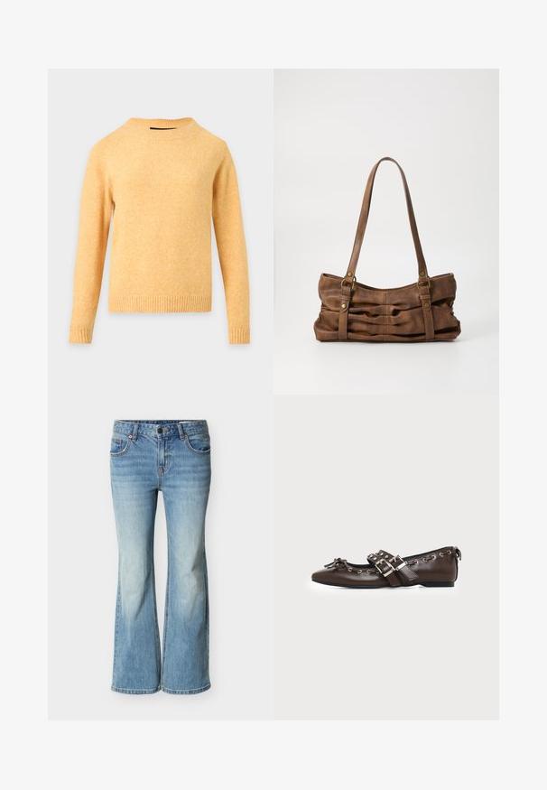 Pull tricoté jaune à manches longues avec col rond, poignets et ourlet côtelés sur fond gris clair.; Jean évasé bleu clair en denim, doté d'un design classique à cinq poches, fermeture à bouton, et décoloration progressive vers l'ourlet.; Chaussure plate en cuir marron foncé avec bout pointu, doubles brides à boucles argentées, œillets métalliques et nœud décoratif à l'avant.; Even&Odd by Zalando Sac à main - brown
