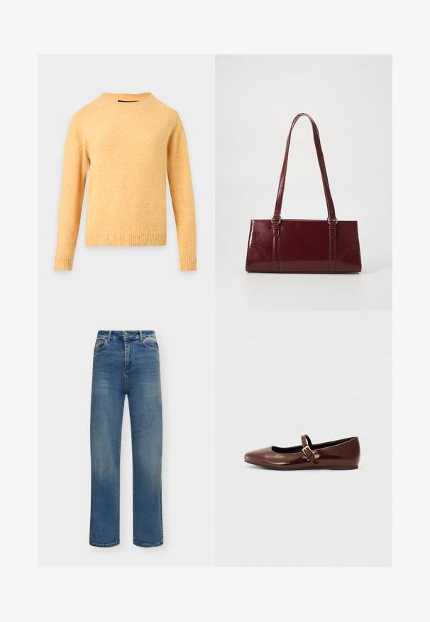Pull tricoté jaune à manches longues avec col rond, poignets et ourlet côtelés sur fond gris clair.; Jean en denim bleu à coupe droite avec fermeture par bouton et zip, poches avant et arrière, présenté sur fond blanc.; Ballerine en cuir verni marron avec un bout carré et une lanière ornée d'une petite boucle dorée. Texture lisse, talon bas et design minimaliste.; Sac à main bordeaux en matériau brillant, de forme rectangulaire, avec deux anses et des accents légèrement courbés à l'avant.