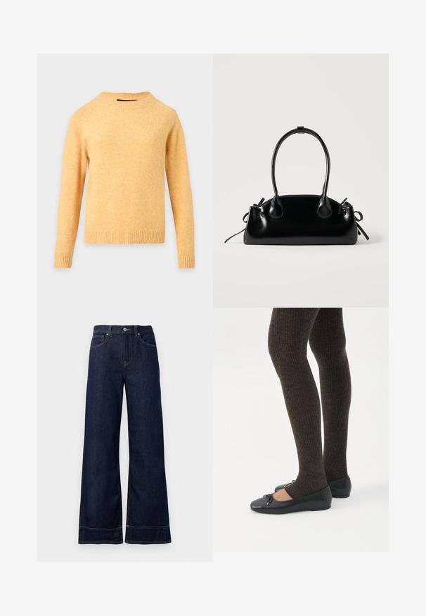 Langærmet gul strikket sweater med ribstrikket rund halsudskæring, manchetter og kant på en lysegrå baggrund.; Mørkeblå brede jeans lavet af denim. Har en knaplukning, stikninger og sidelommer. Udfoldet nederste kant.; Ben iført mørke ribbede leggings kombineret med sorte balletsko med små sløjfedetaljer på hvid baggrund.; Lille sort blank håndtaske med to lange håndtag og snøre-detaljer i siden på en ensfarvet lys baggrund.